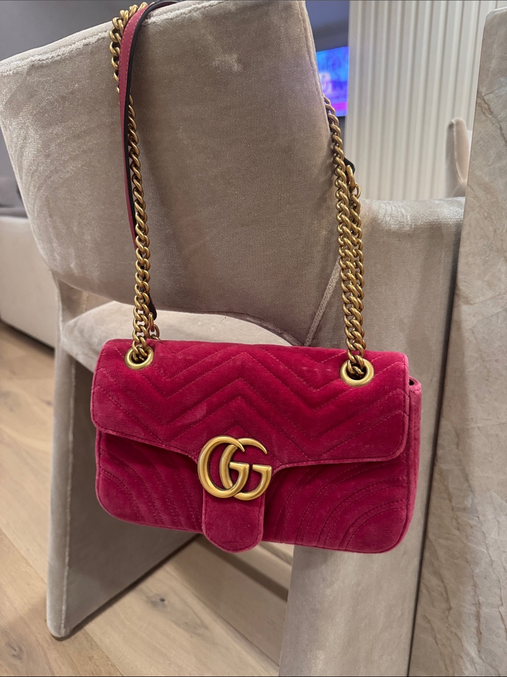 Gucci Pink Velvet GG Marmont Shoulder Bag with Gold Hardware